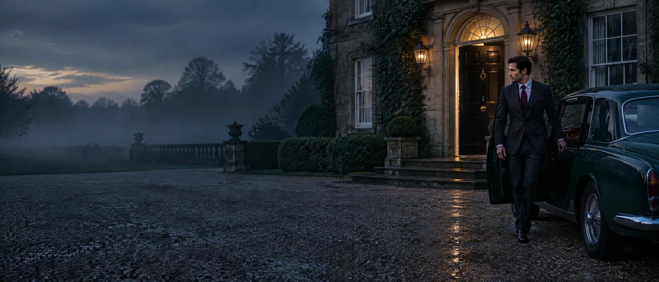 A suited man arriving by classic car at a country house