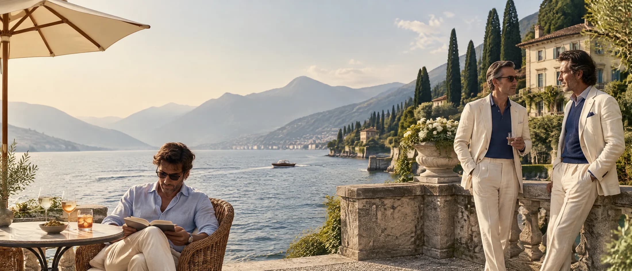 Men in summer tailoring on a Lake Como terrace