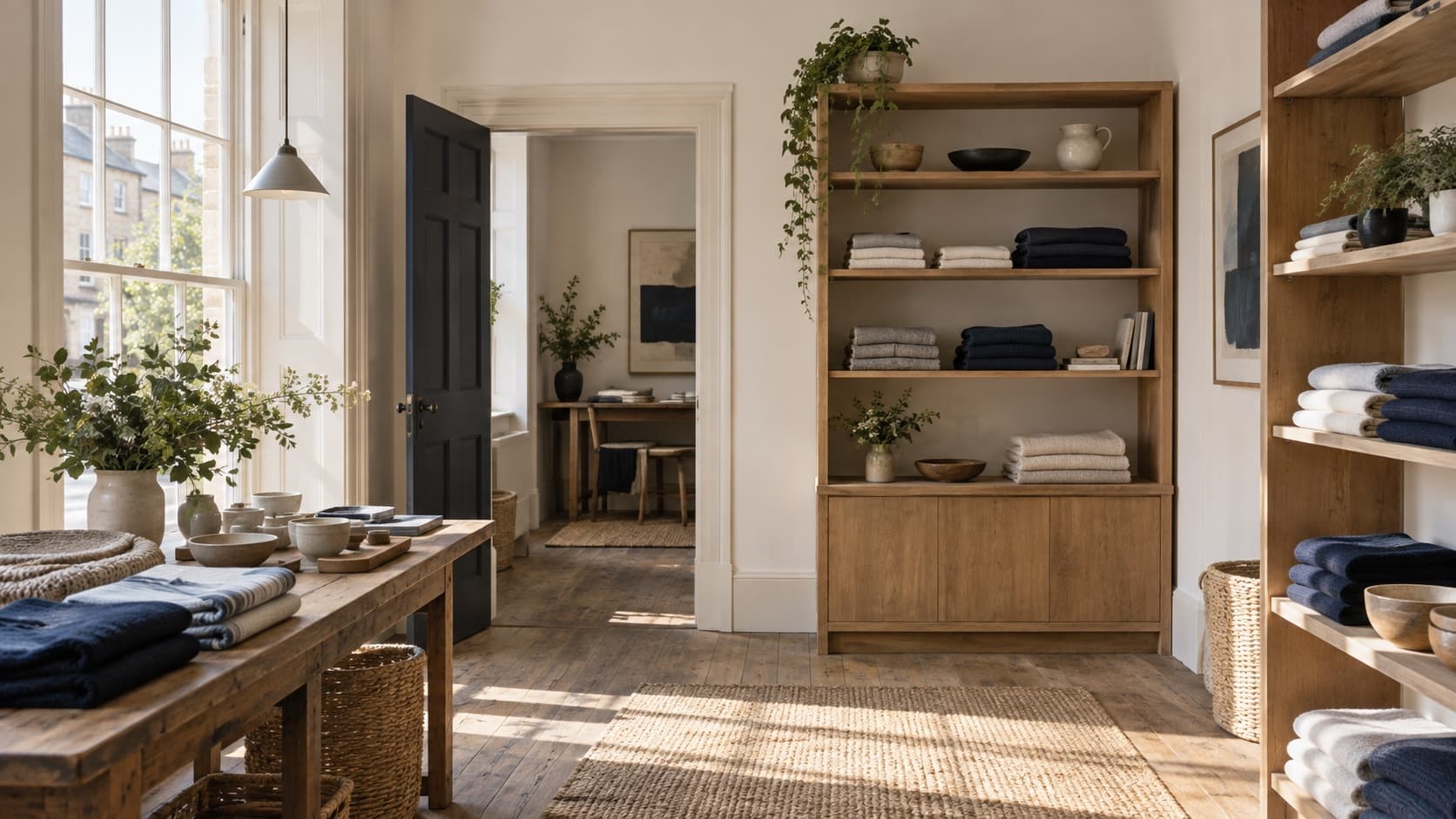 Independent shop floor, oak shelves, morning light