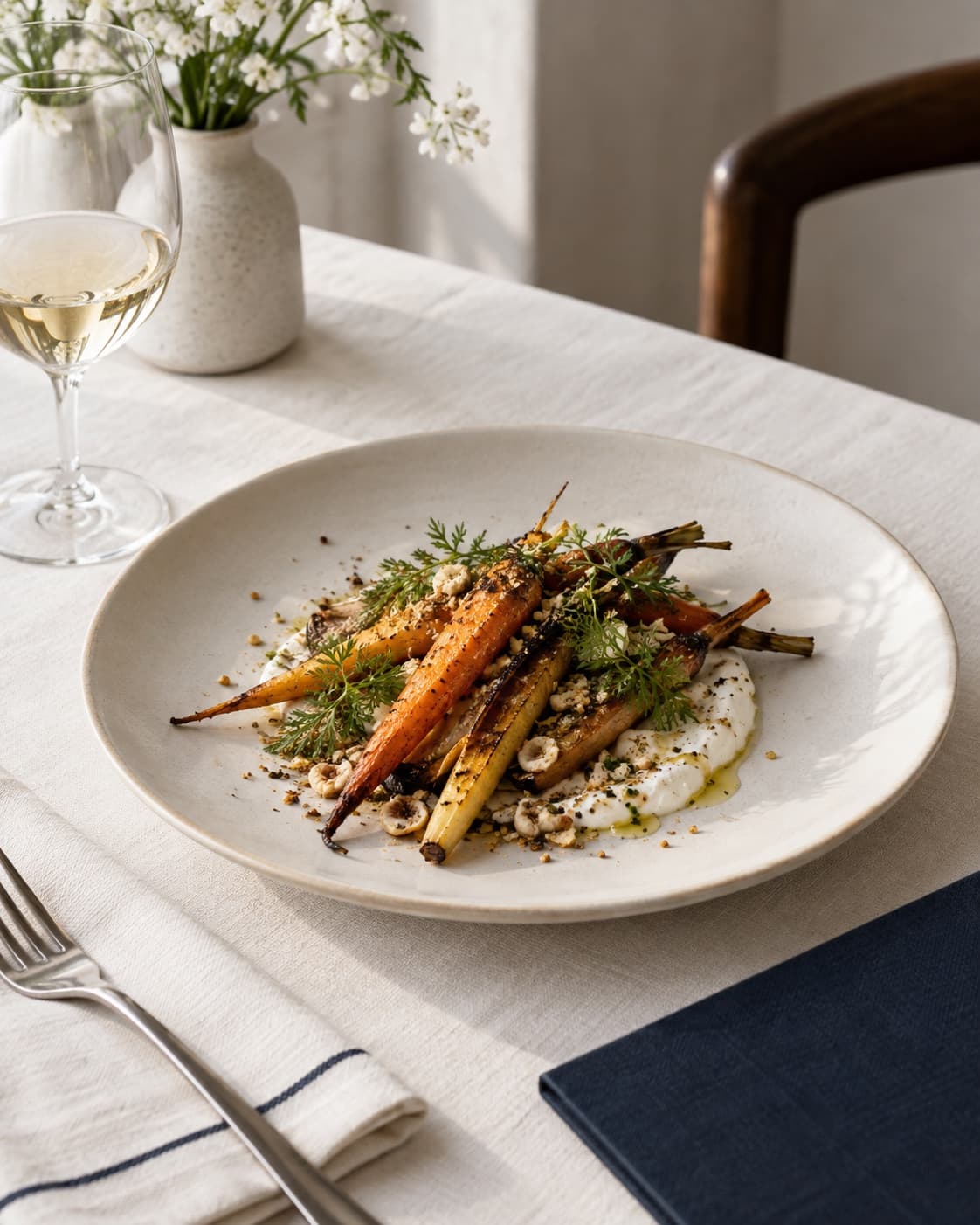 Hospitality plate on cream linen, shot as ad creative