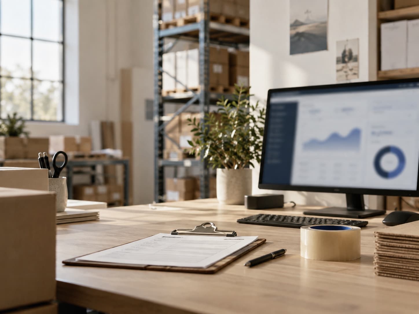 Warehouse office, clipboard and a blurred navy-and-cream dashboard