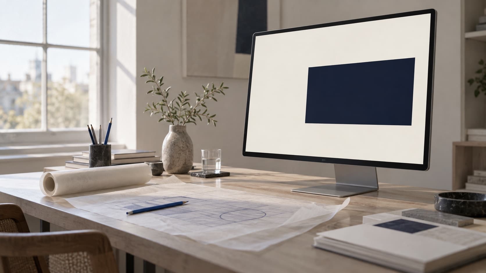 Designer desk, monitor turned so the screen is cream and navy