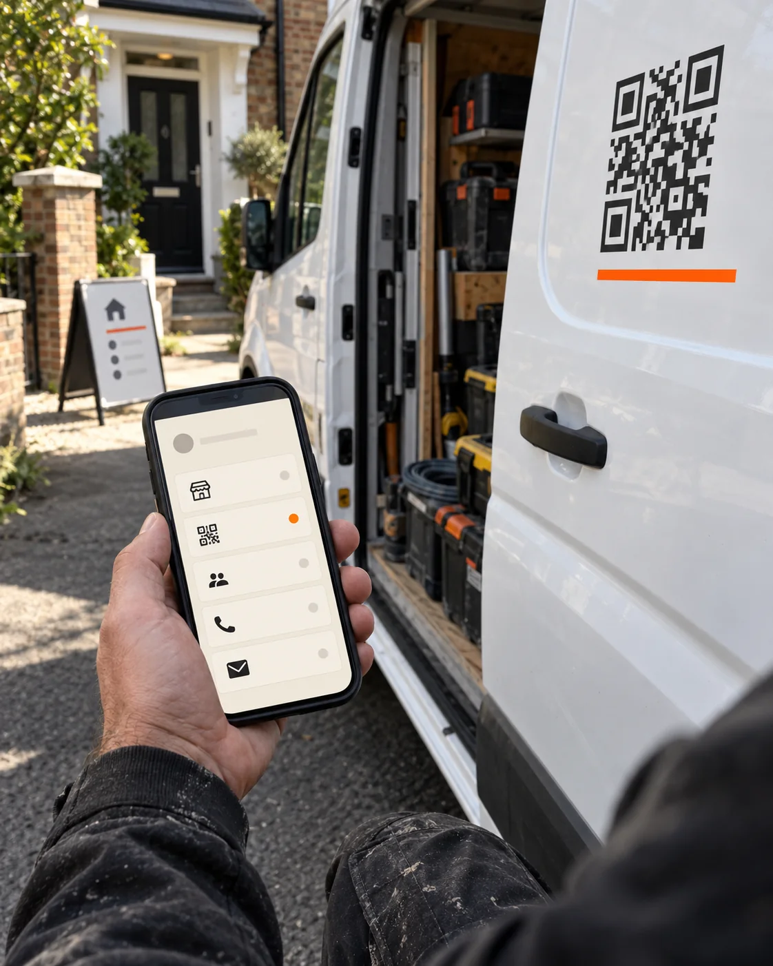 A Flyp channel shown alongside a QR-enabled work van