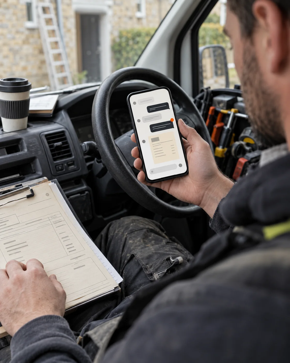 A tradesperson managing a customer conversation and quote from his van