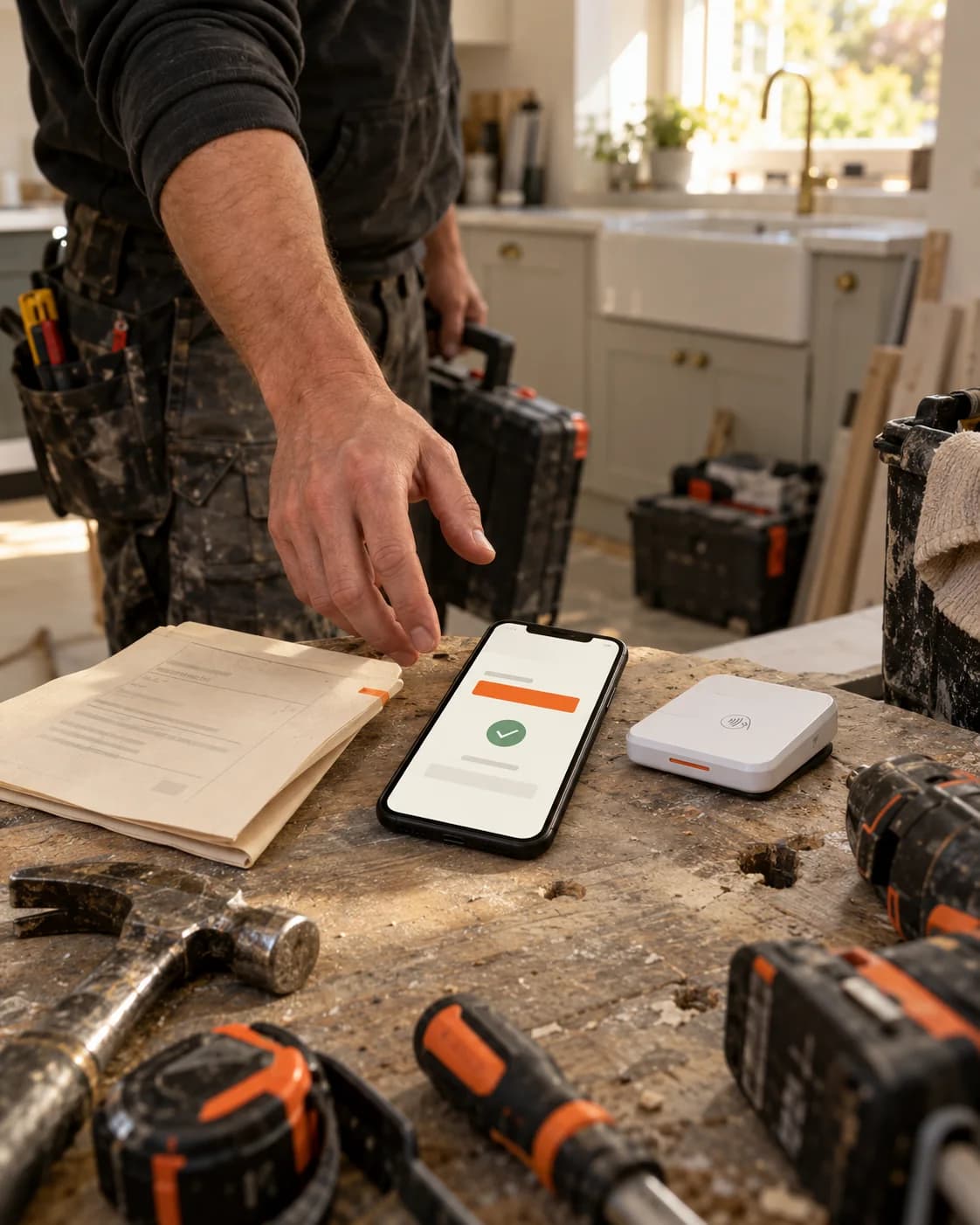 A tradesperson recording payment beside a completed job and packed tools